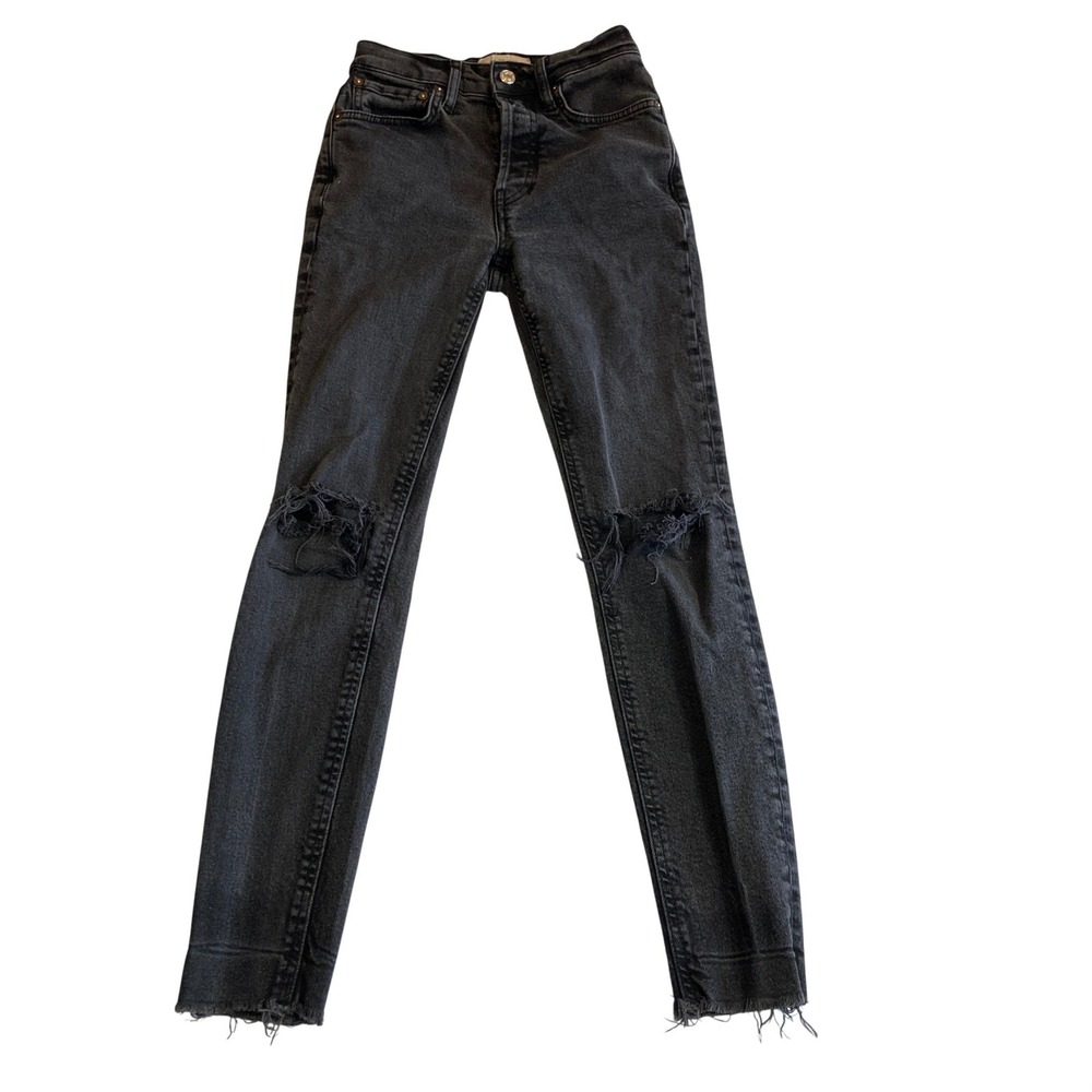 We The Free People Jeans Women 24 Black Button Fly Raw Hem Distress Skinny Jeans